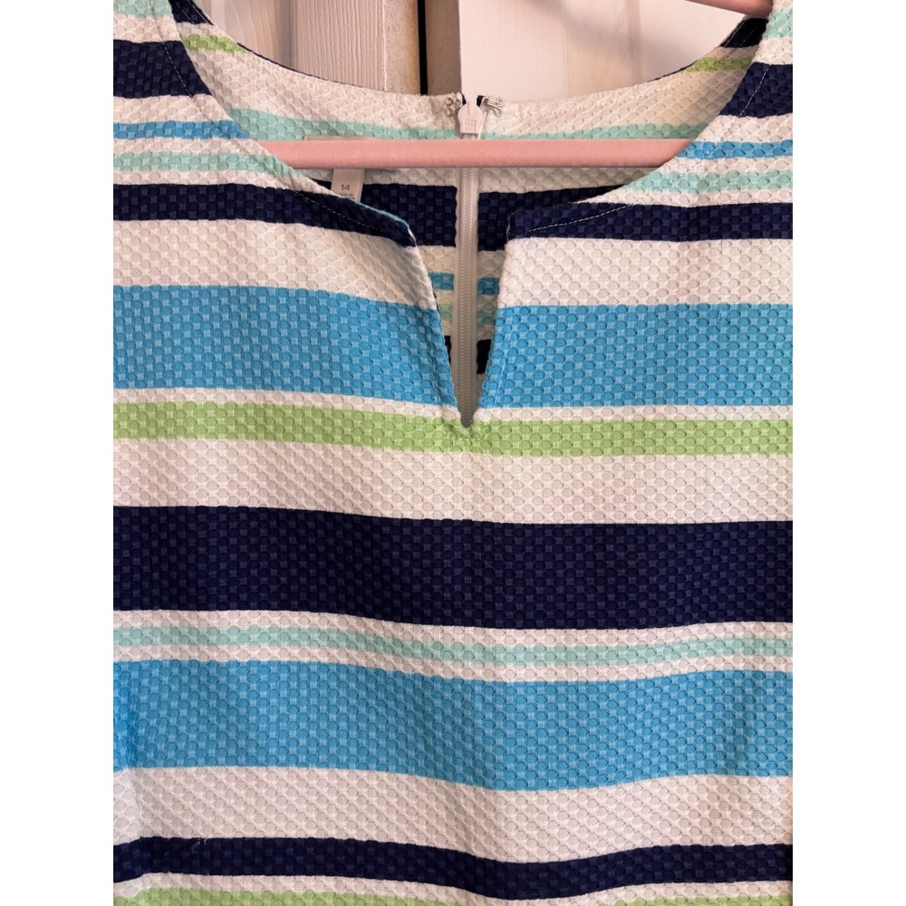 Talbots Piqué Shift Dress Size 14 Blue Stripe Sleeveless Pockets Cotton - Picture 5 of 7